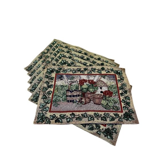 Set Of 6 Tapestry Placemats With Floral Ivy Baskets & Garden Design - Picture 1 of 6